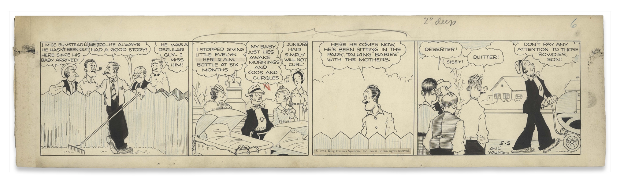 Chic Young Hand-Drawn ''Blondie'' Comic Strip From 1934 Titled ''That Old Guy of Mine'' -- Dagwood Takes Fatherhood Seriously